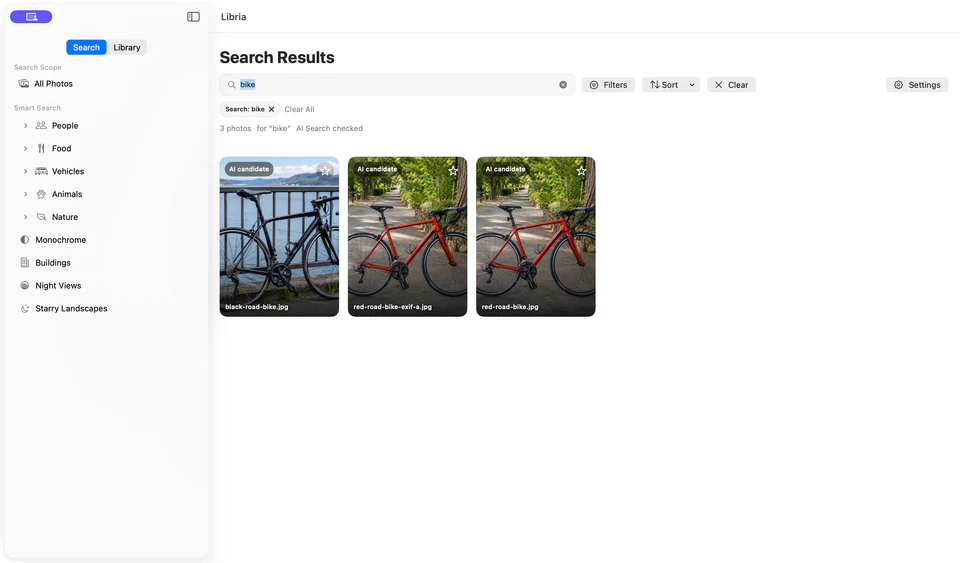 Search results for “bike” with AI candidates included