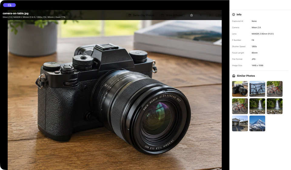 Photo details showing camera, lens, and shooting settings